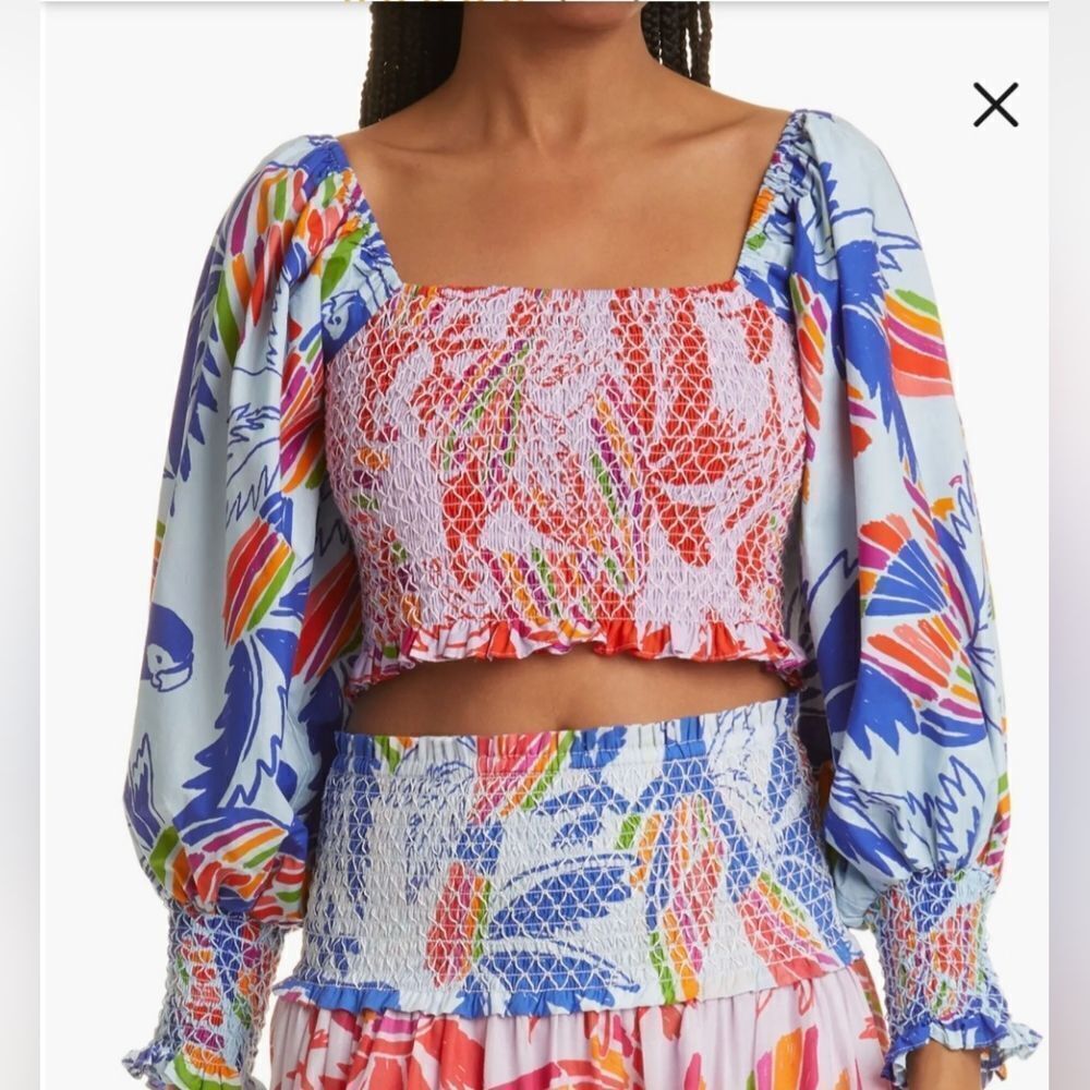Farm Rio Mixed Birds Puff-Sleeve Smocked Crop Top NWT Size Medium